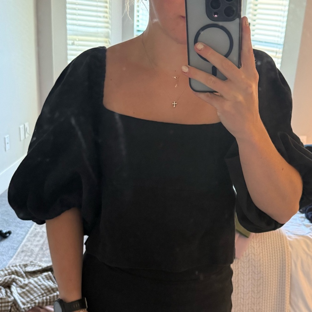 LPA Black Puff Sleeve Boxy Blouse